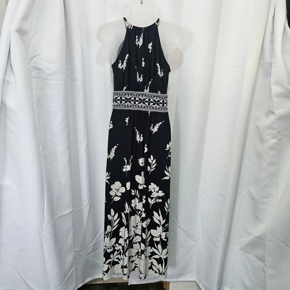 Black White Floral Halter Maxi Dress Women's vacation Whimsigoth cruise READ - Picture 3 of 10
